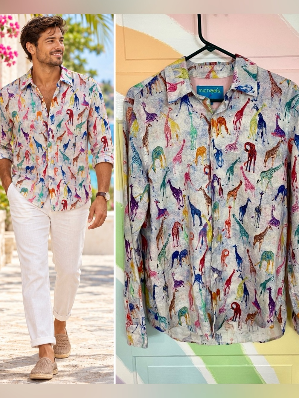Michael’s Men’s 100% Linen Colorful Giraffe Print Shirt Size M🧡🎀